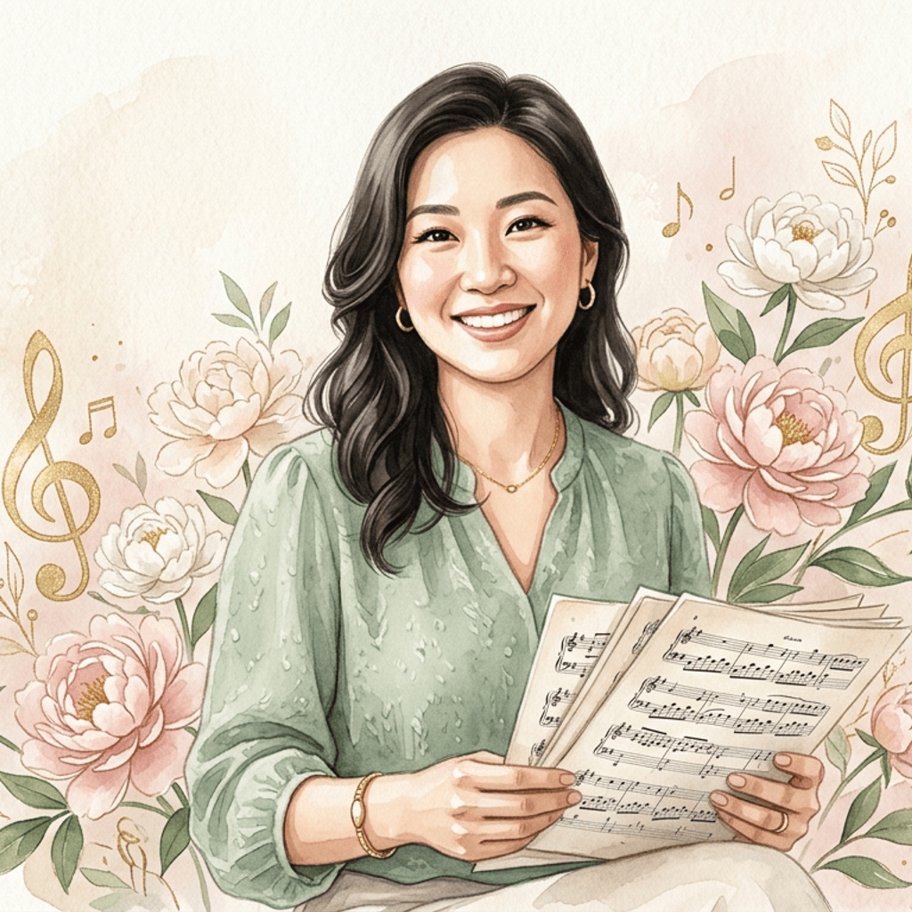 Watercolor portrait of Ms. Jessica, MusicBloom Academy's music teacher, surrounded by blush peonies and gold treble clef motifs