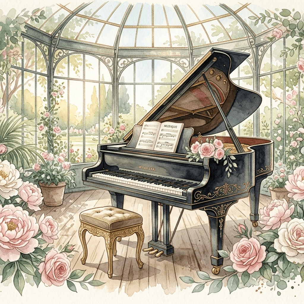 Watercolor of a grand piano surrounded by blooming blush peonies, sage leaves, and gold accents
